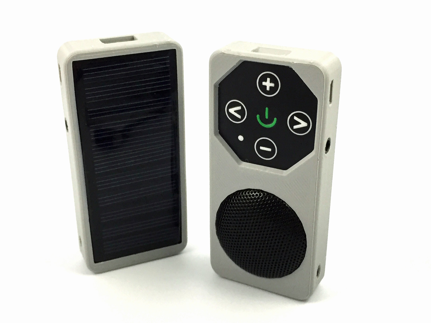 SeedPlayer solar player, front and back with solar panel
